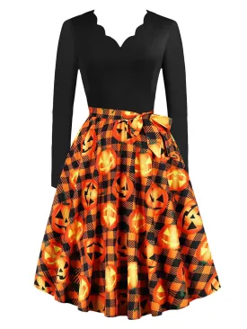 1950s Halloween Pattern Wave Neck Patchwork Dress