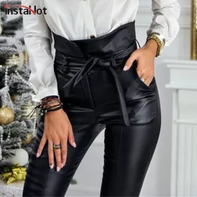 2021 Black Belt High Waist Pencil Pant Women Faux Leather Sizes S - L