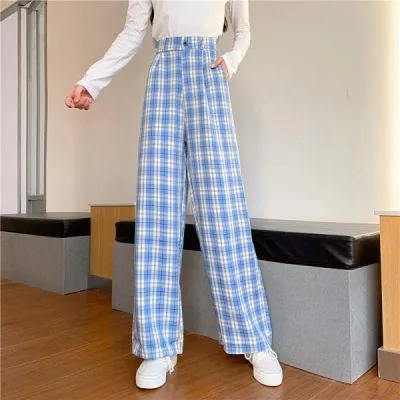 2021 New!!!  Women's Pants Street Fashion Plaid Straight Wide Leg Pant Sizes S - 4XL