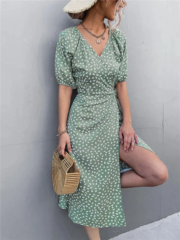 2024 Female Puff Sleeve A-line Split Dress Side Wrap Midi Boho Dress