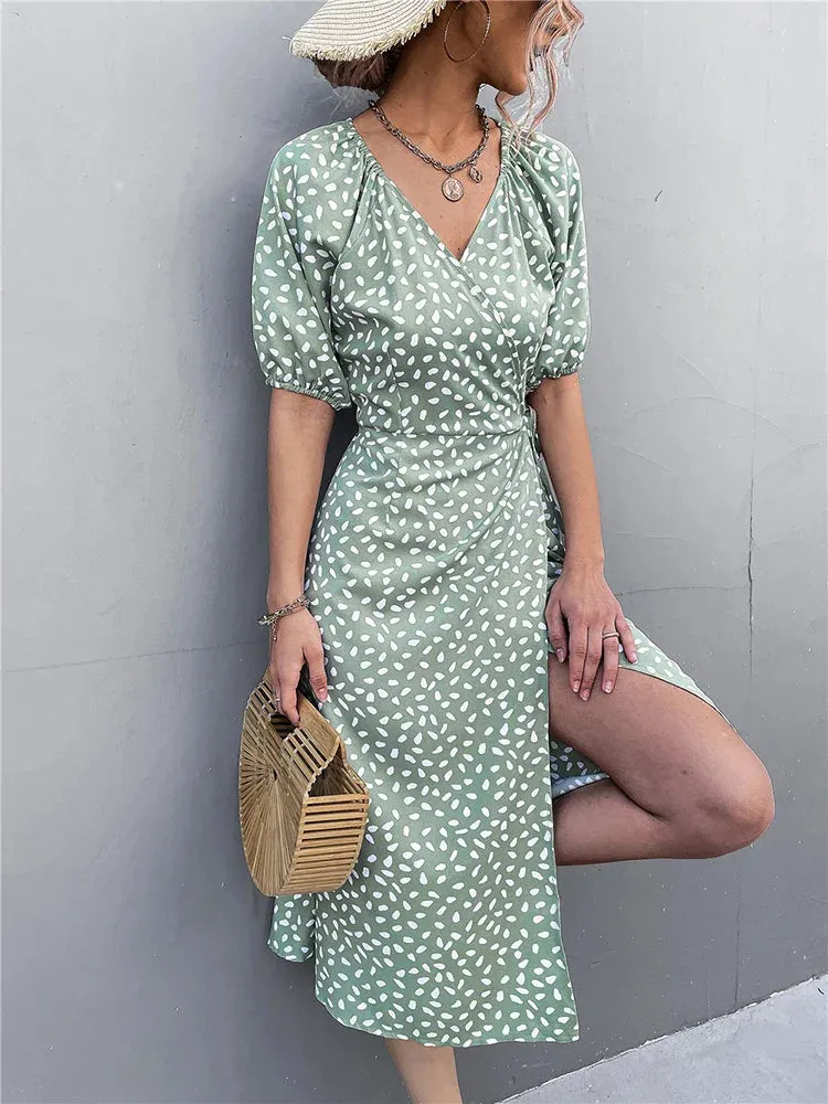 2024 Female Puff Sleeve A-line Split Dress Side Wrap Midi Boho Dress