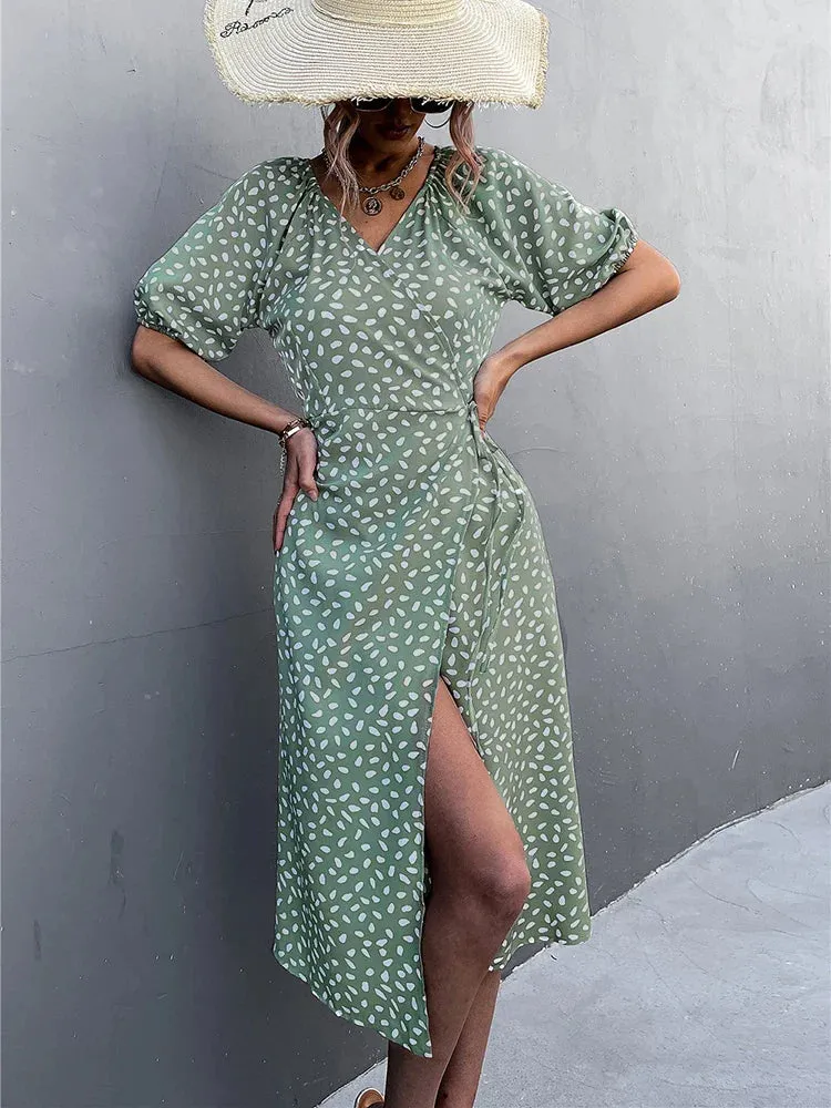 2024 Female Puff Sleeve A-line Split Dress Side Wrap Midi Boho Dress