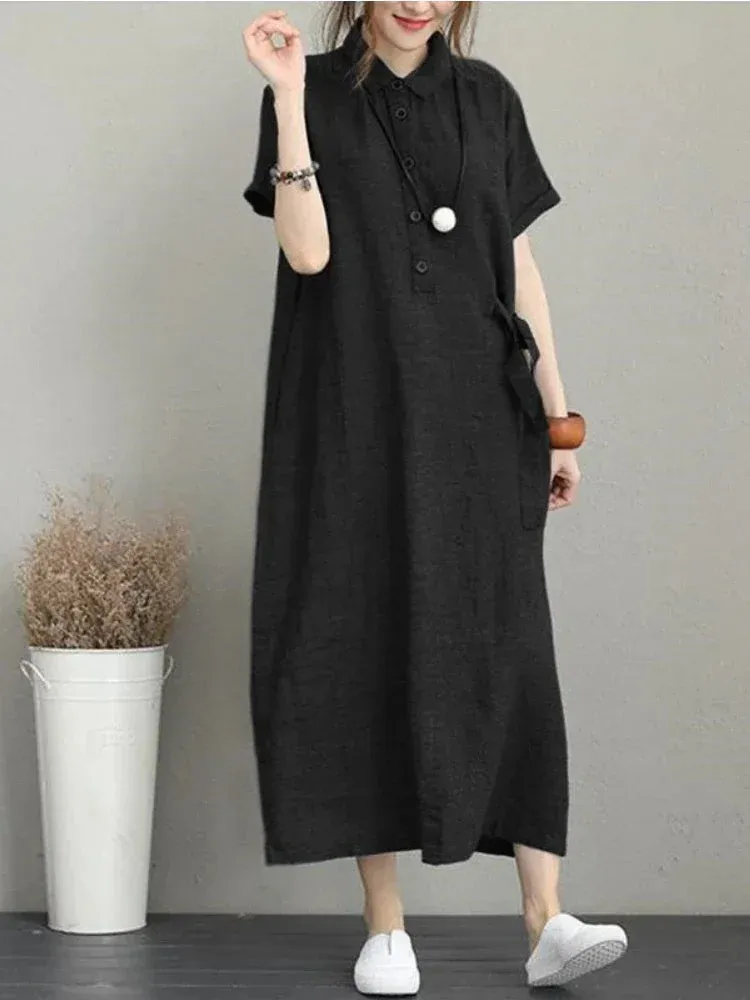 2024 Summer Cotton Linen Vintage Casual Loose Mid-length Maxi Dress