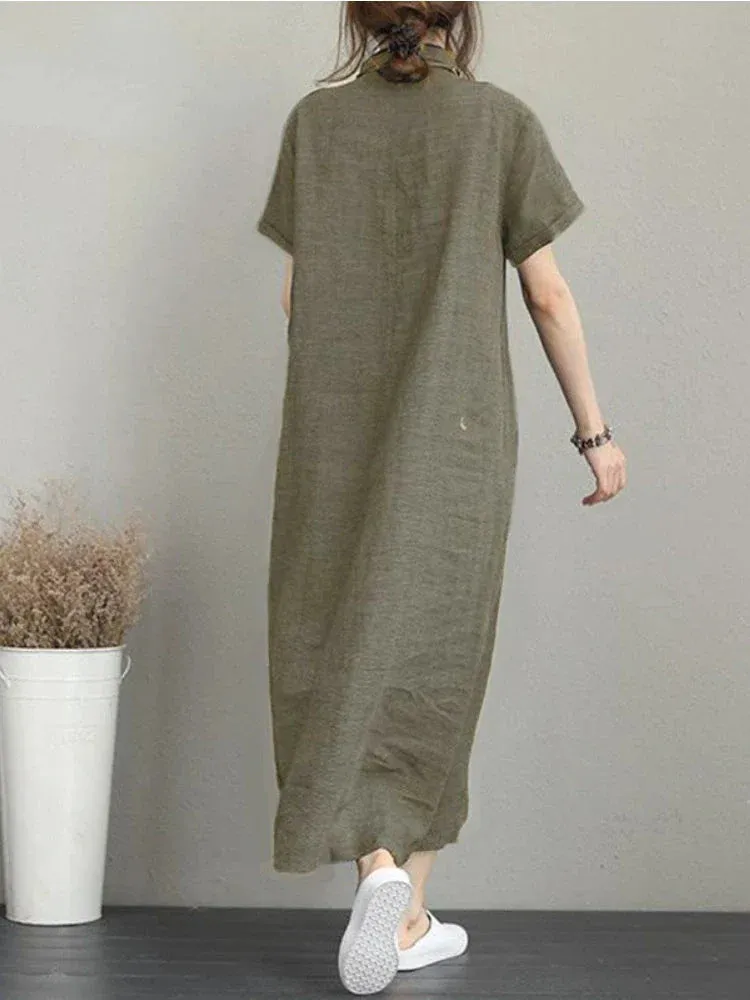 2024 Summer Cotton Linen Vintage Casual Loose Mid-length Maxi Dress