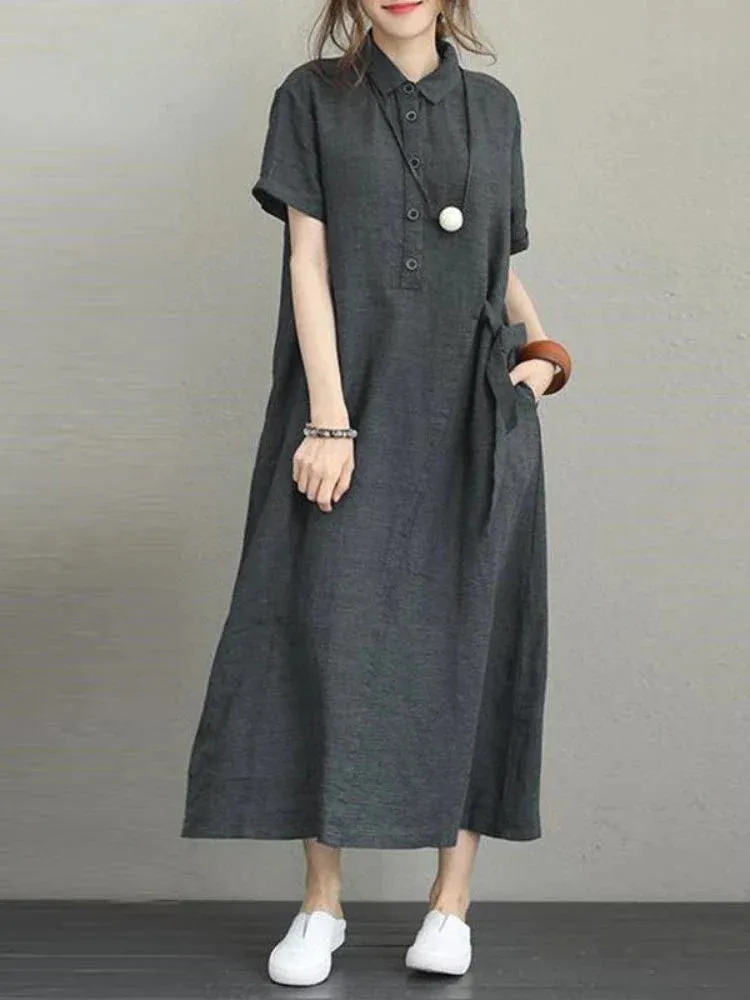 2024 Summer Cotton Linen Vintage Casual Loose Mid-length Maxi Dress