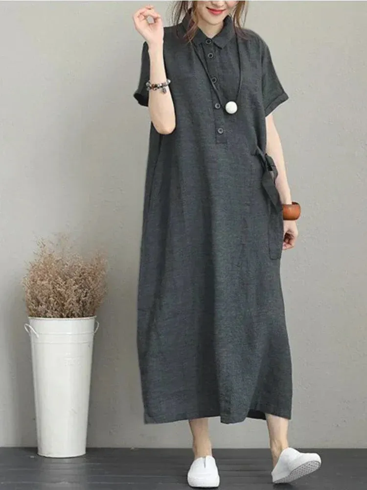 2024 Summer Cotton Linen Vintage Casual Loose Mid-length Maxi Dress