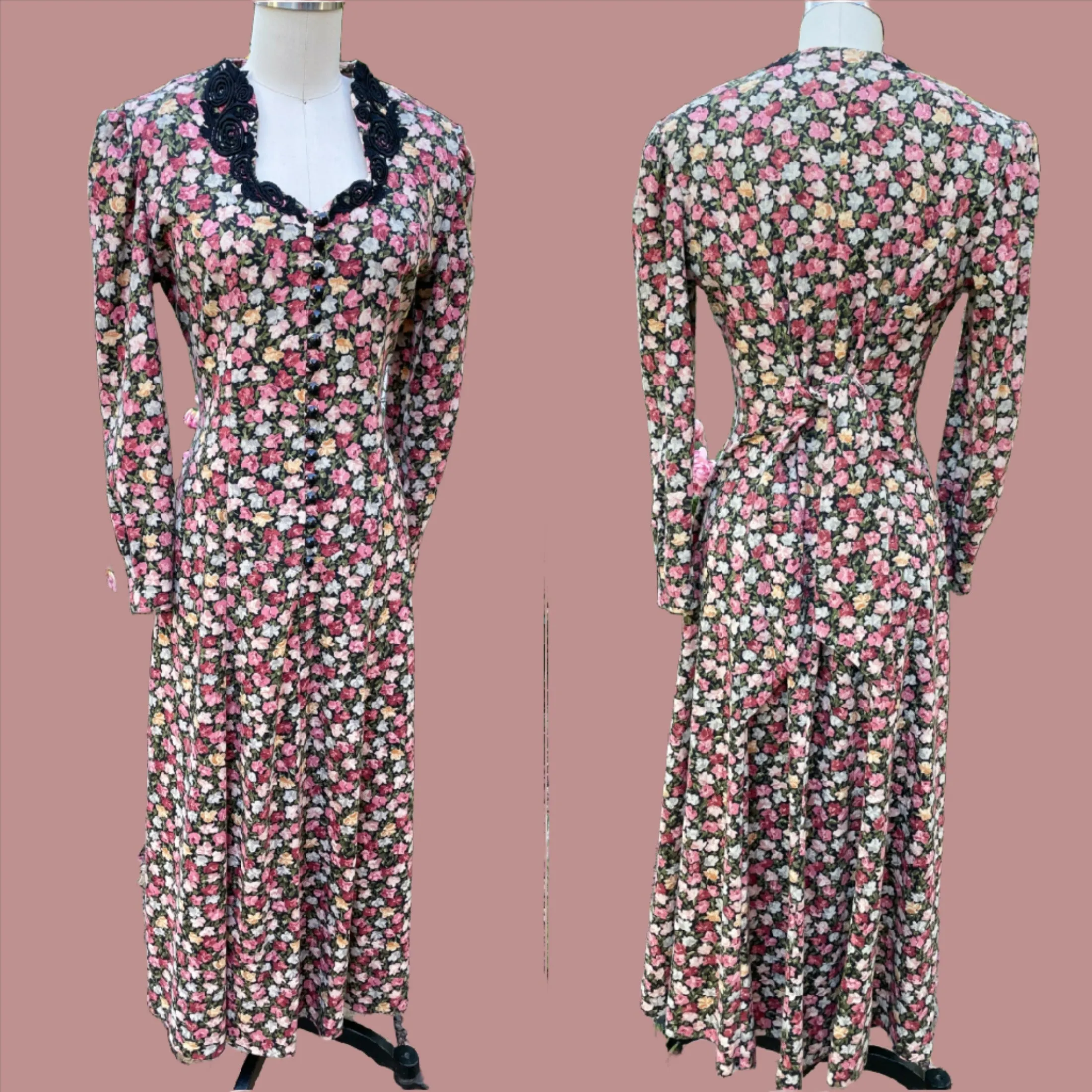 90s Grunge Floral Print Midi Dress, 70s Style Dress, Sash Tie at Back S