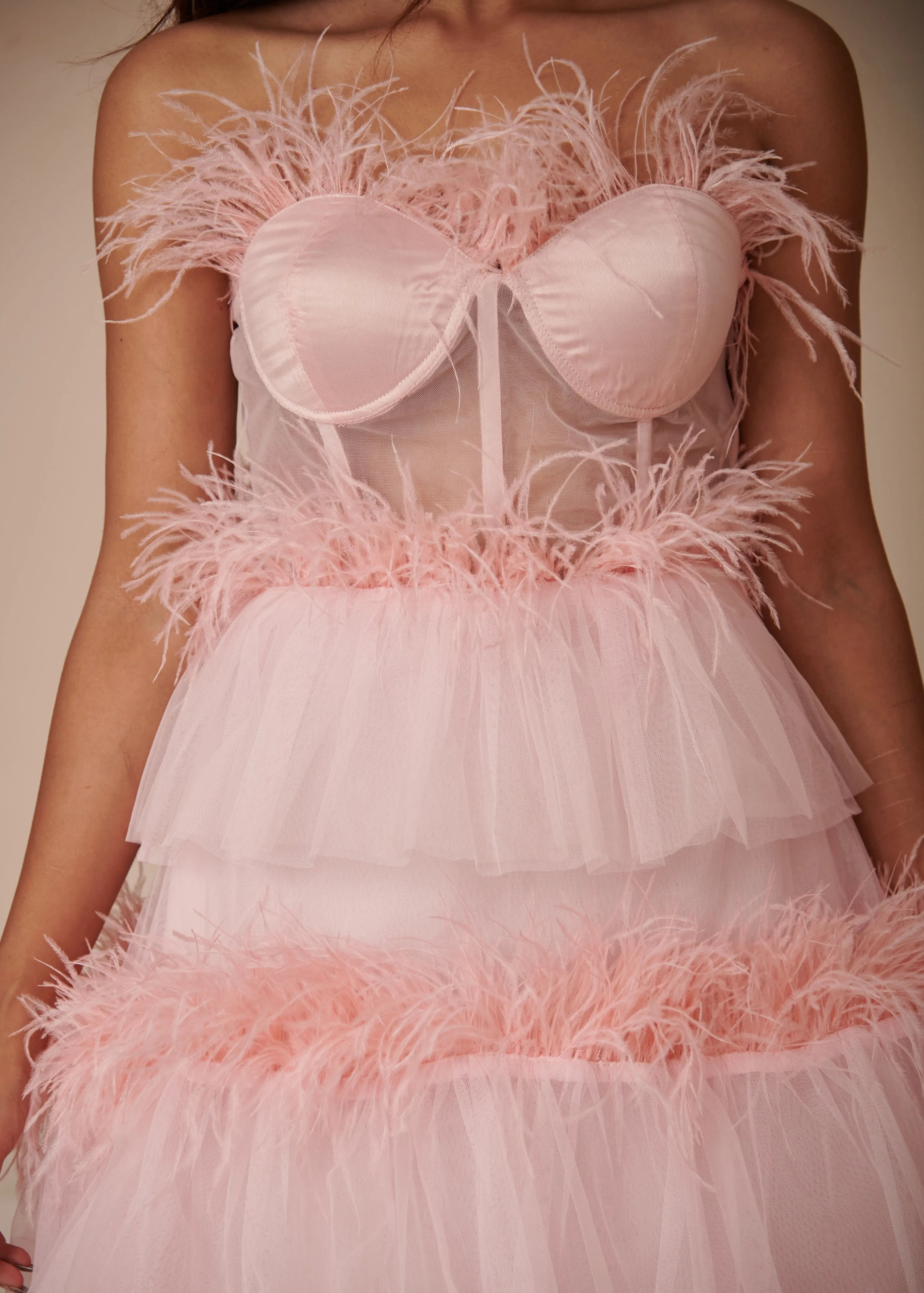 Aiko Pink Feather Ruffled Corset Midi Dress