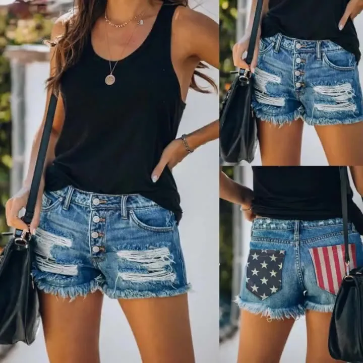 American Flag Pocket Print Denim Shorts