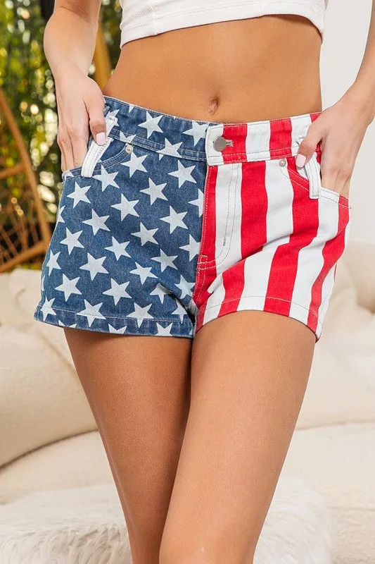 American Flag Print Denim Shorts