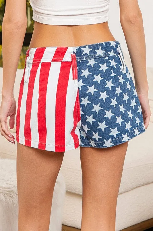 American Flag Print Denim Shorts