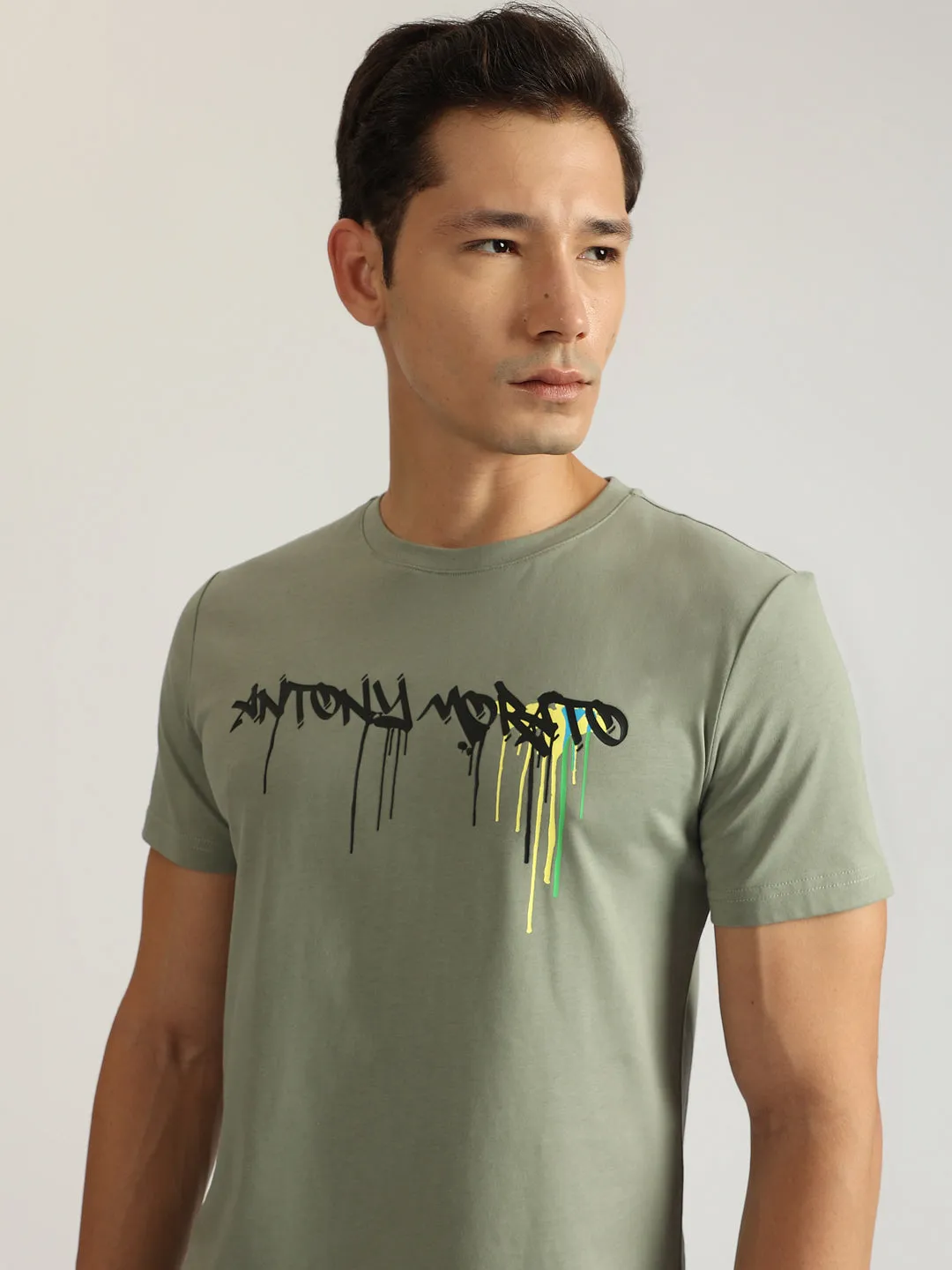 Antony Morato Men Green Printed Round Neck Short Sleeves T-Shirt