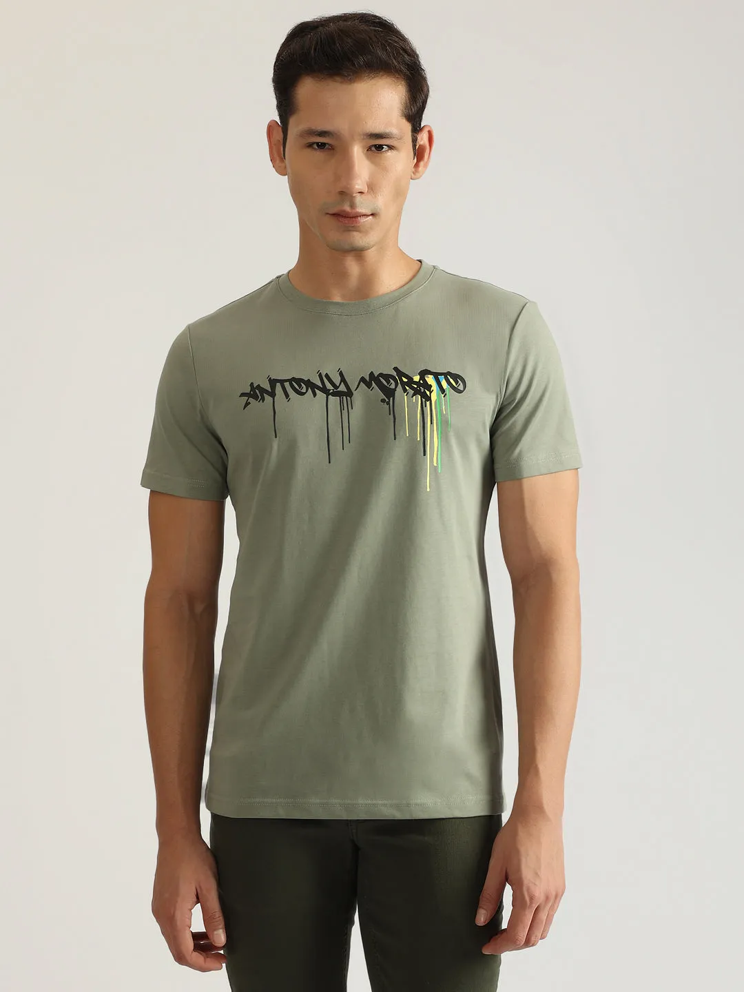 Antony Morato Men Green Printed Round Neck Short Sleeves T-Shirt