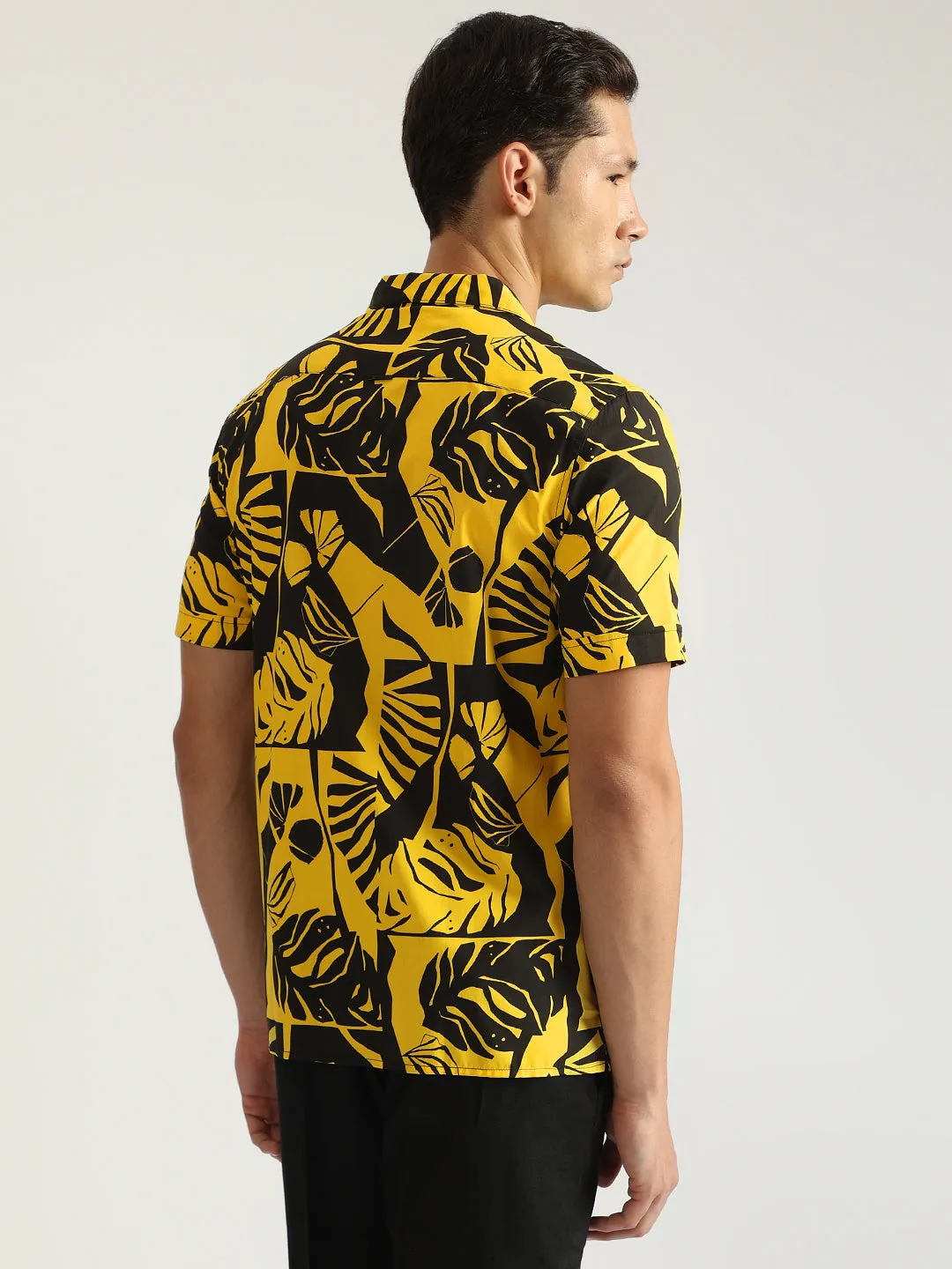 Antony Morato Men Yellow Printed Spread Collar Short Sleeves Shirt