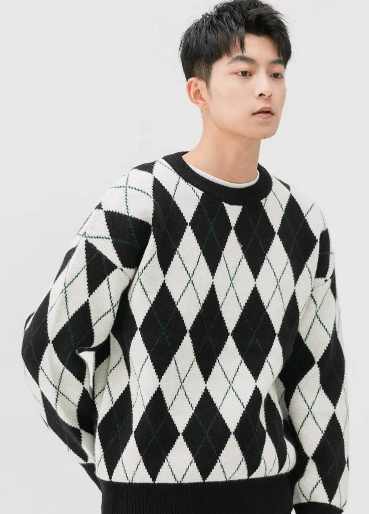 Argyle Pattern Ribbed Trim Sweatshirt