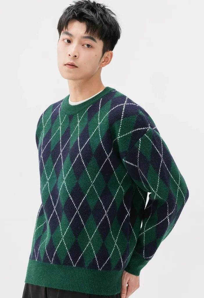 Argyle Pattern Ribbed Trim Sweatshirt