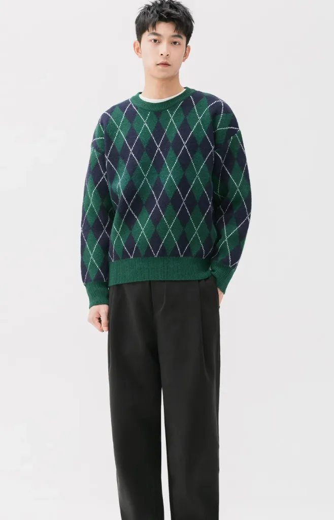 Argyle Pattern Ribbed Trim Sweatshirt