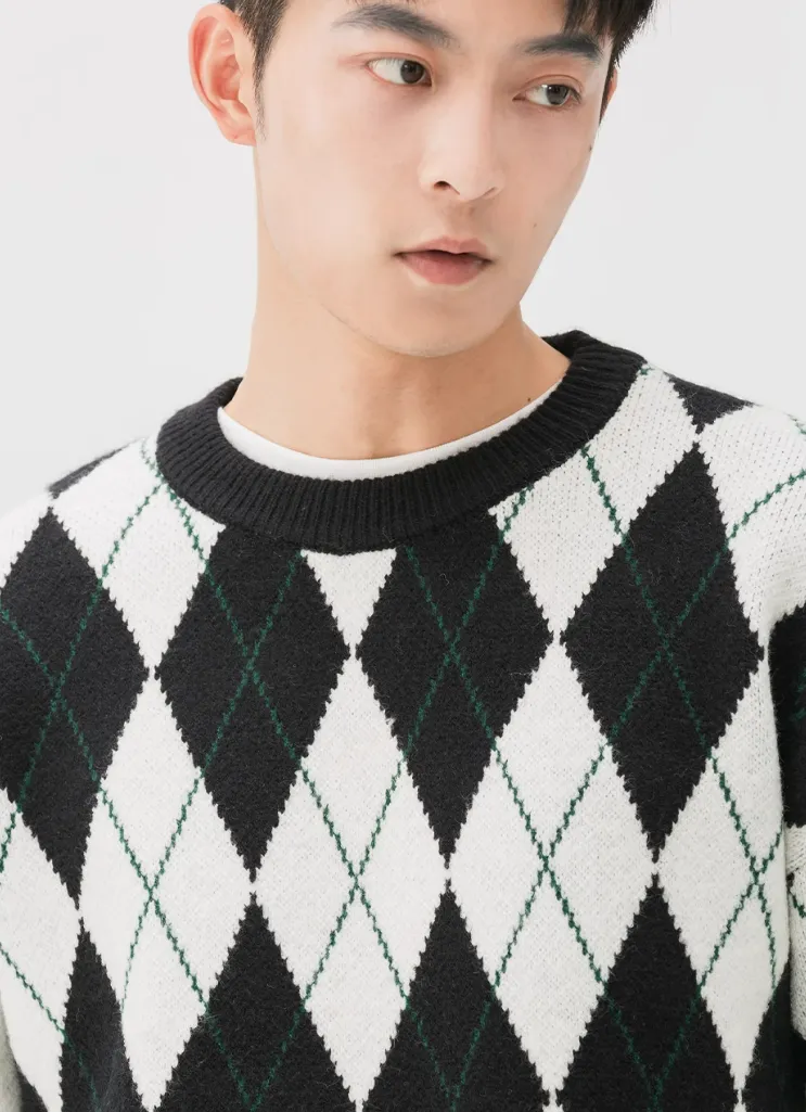 Argyle Pattern Ribbed Trim Sweatshirt