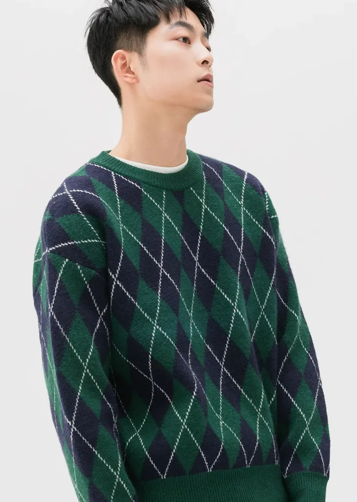 Argyle Pattern Ribbed Trim Sweatshirt