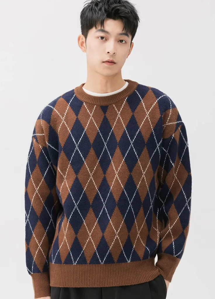 Argyle Pattern Ribbed Trim Sweatshirt