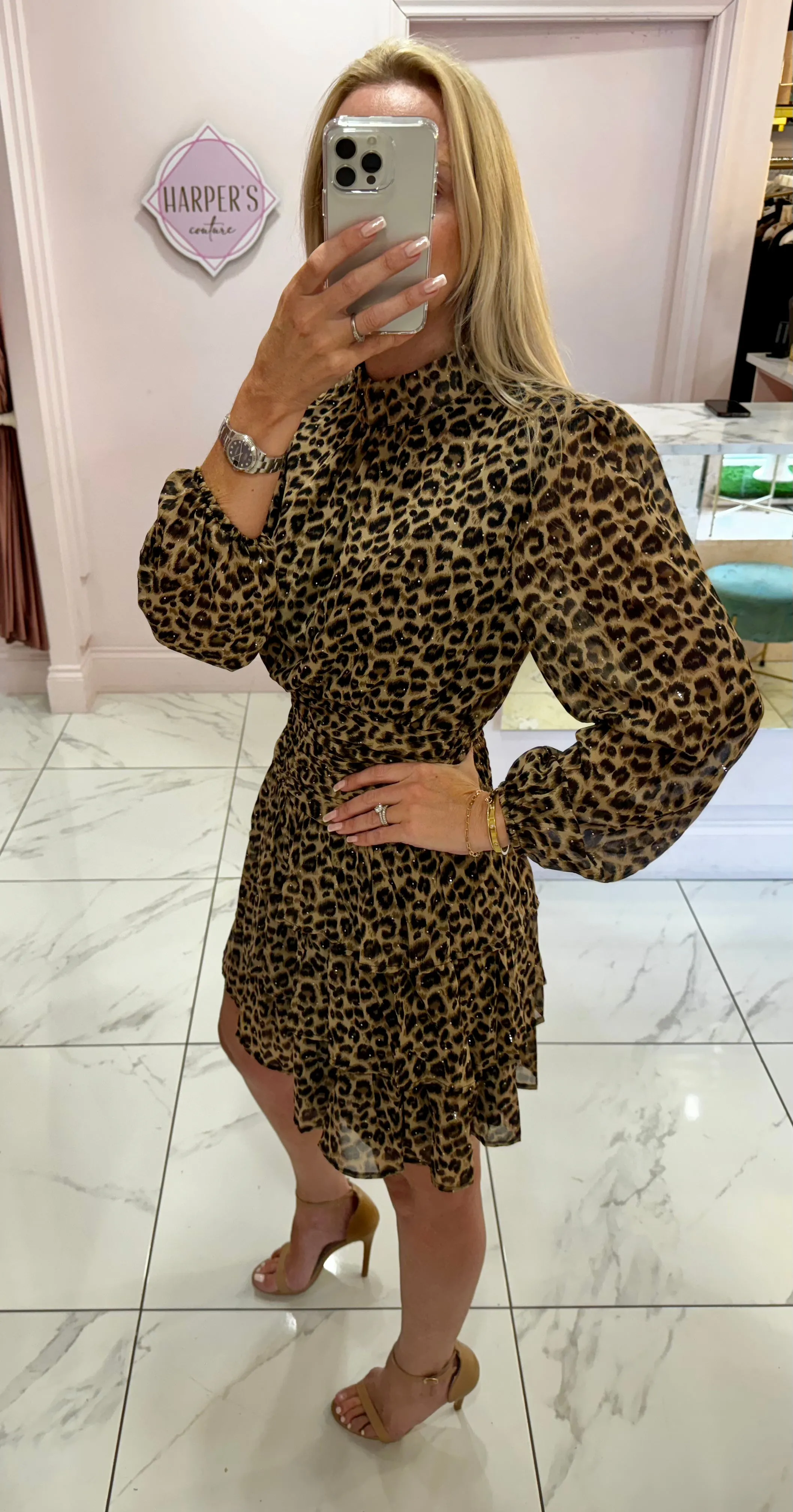 Ariana Ruffle Detail Leopard Print Rara Dress