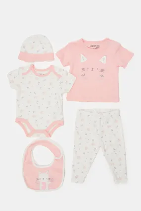 Babies Pink And White Printed Gift Set (5 Piece)