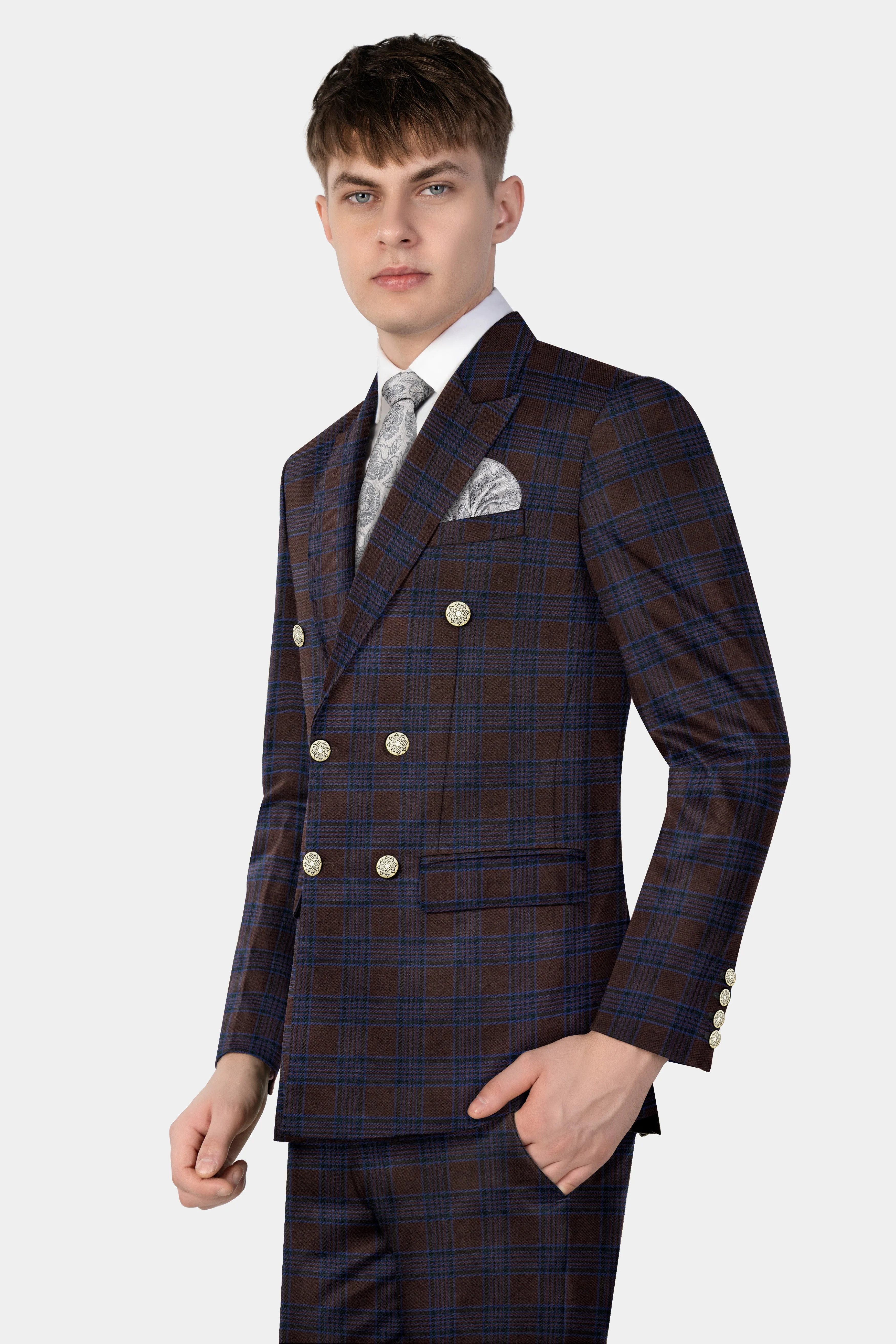 Bistre Brown with Nile Blue Plaid Wool Blend Double Breasted Suit