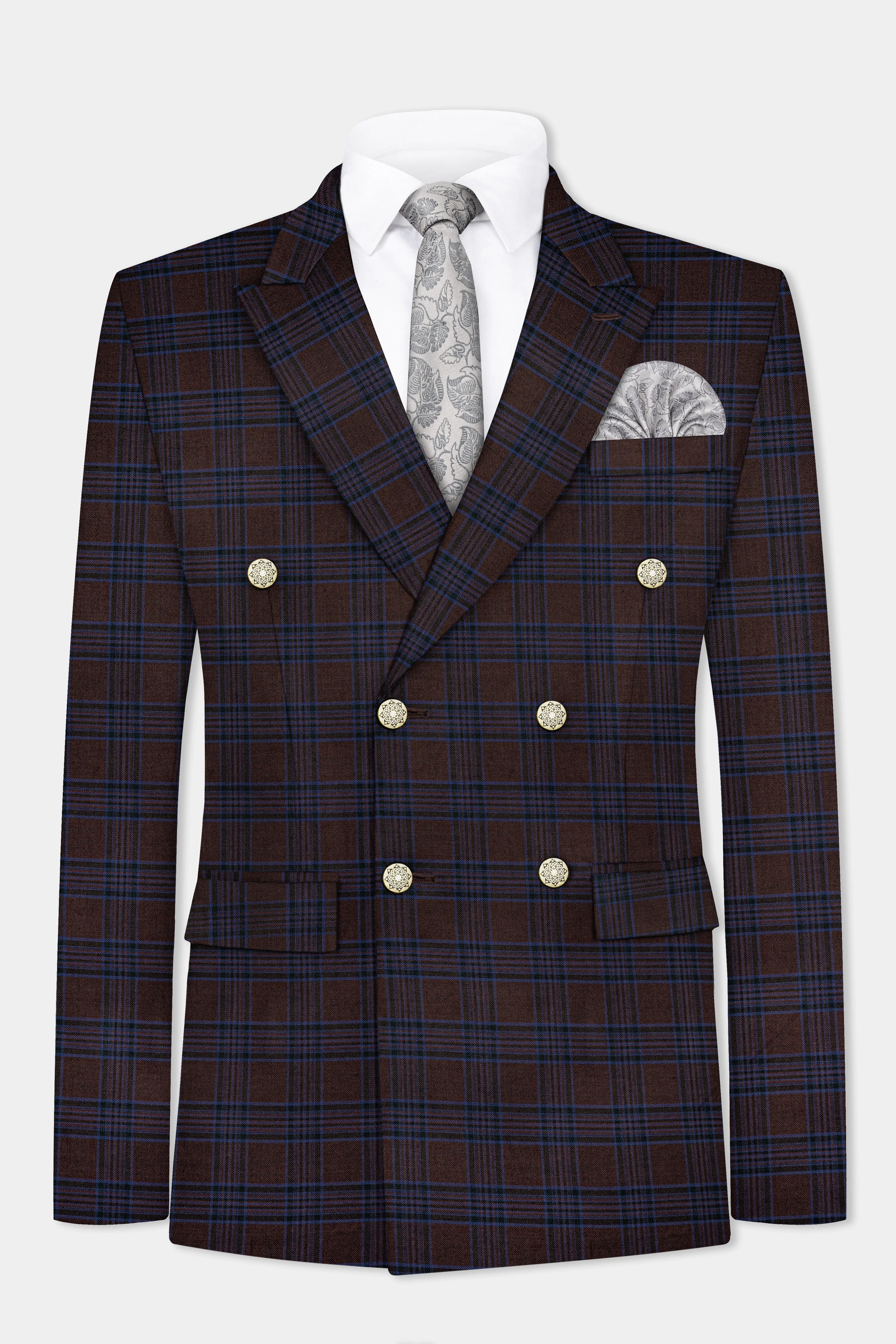 Bistre Brown with Nile Blue Plaid Wool Blend Double Breasted Suit