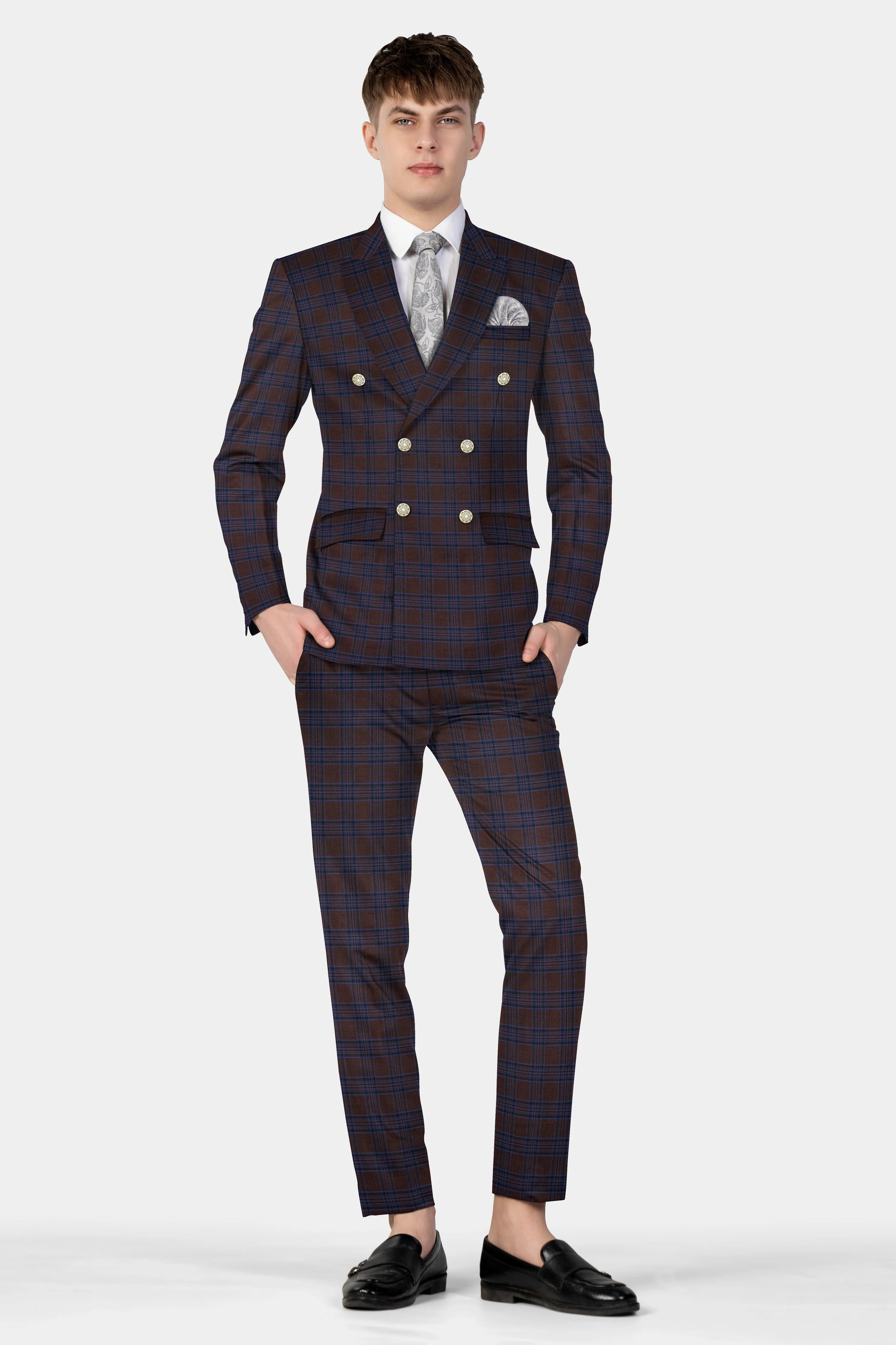 Bistre Brown with Nile Blue Plaid Wool Blend Double Breasted Suit