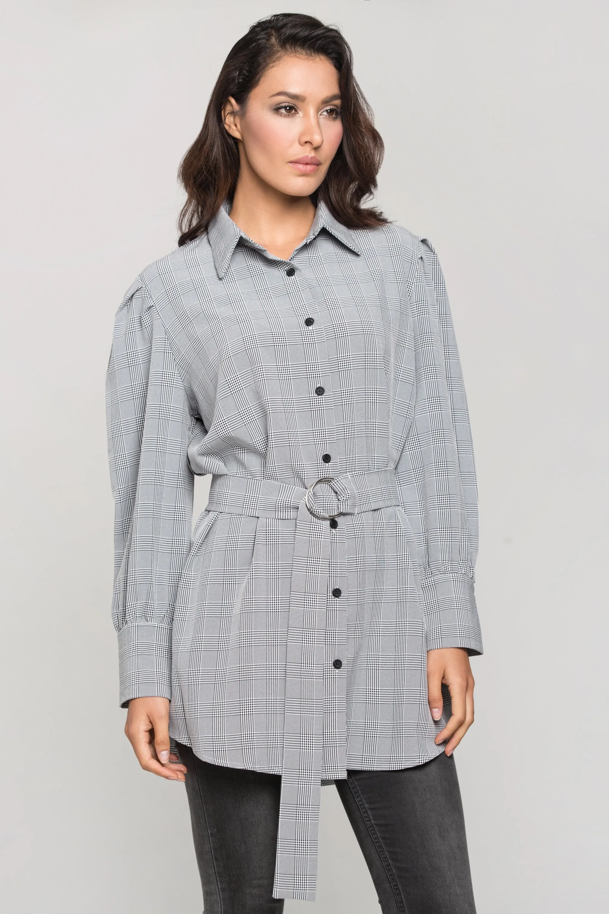 Black and White Glenn Plaid Belted Shirt Dress