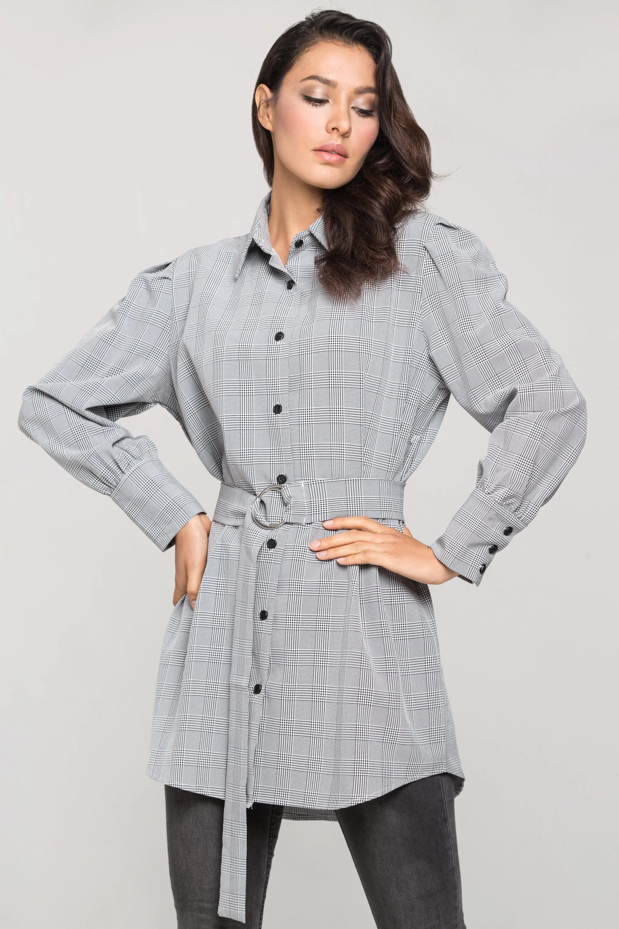 Black and White Glenn Plaid Belted Shirt Dress