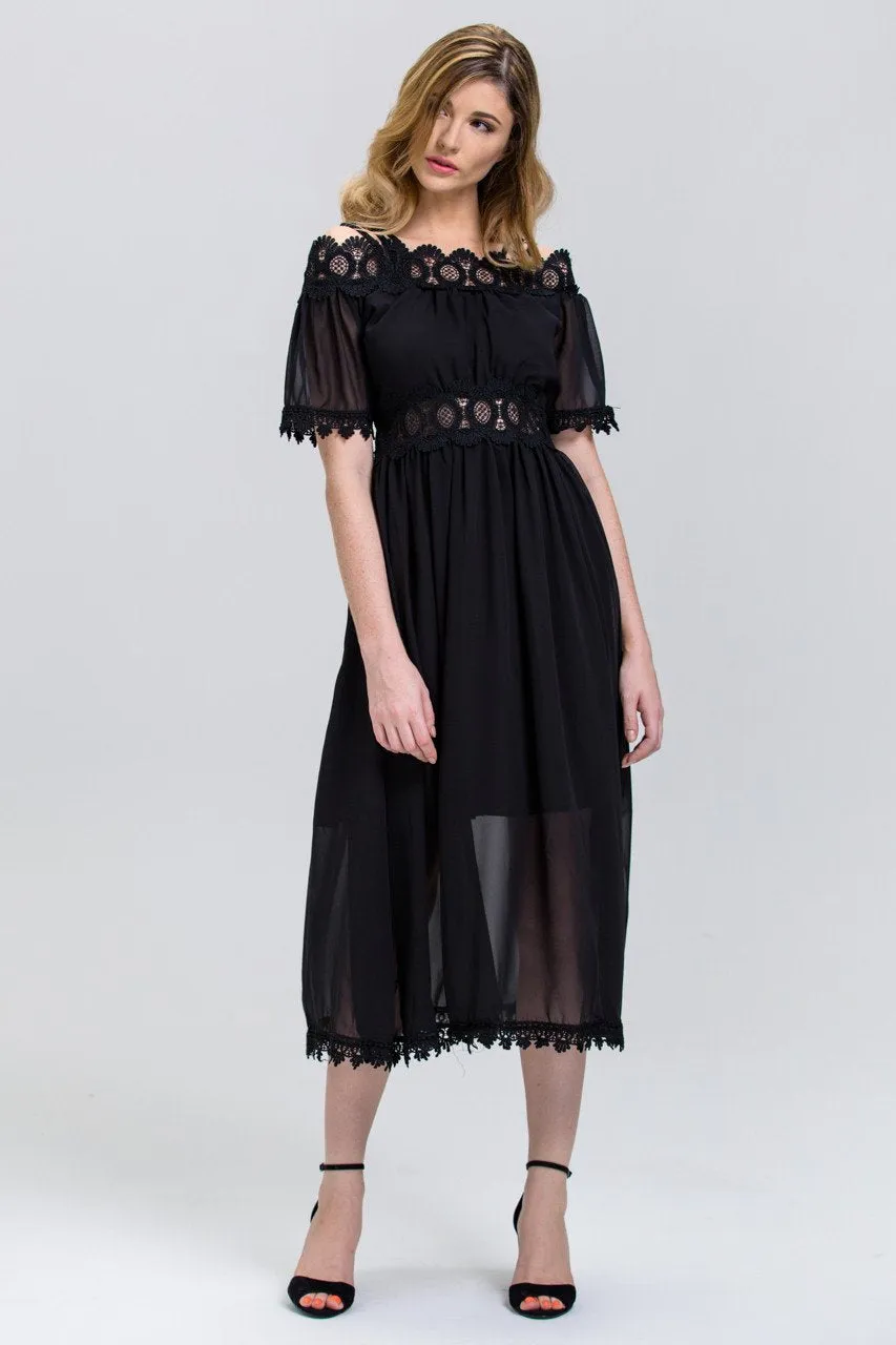 Black Chiffon Lace Trim Midi Dress