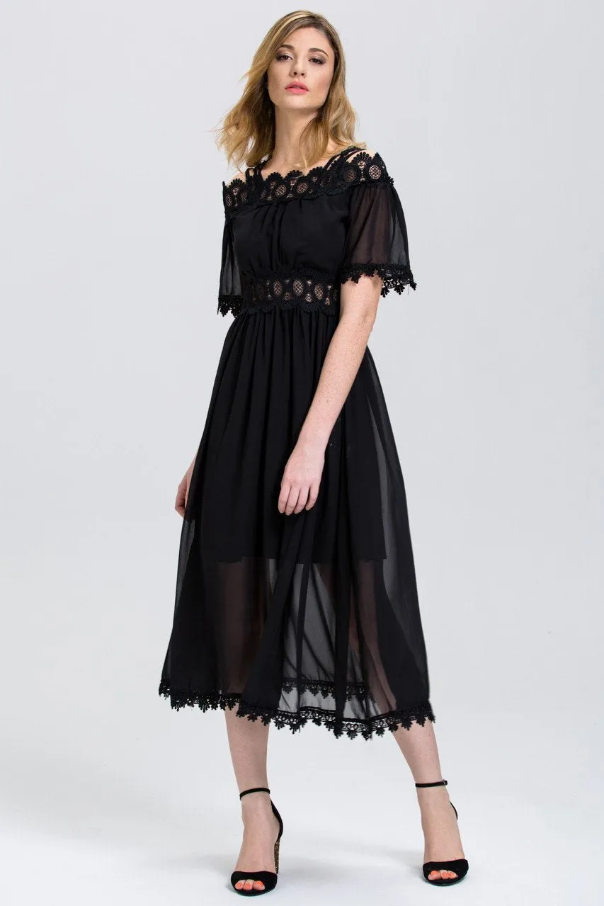 Black Chiffon Lace Trim Midi Dress