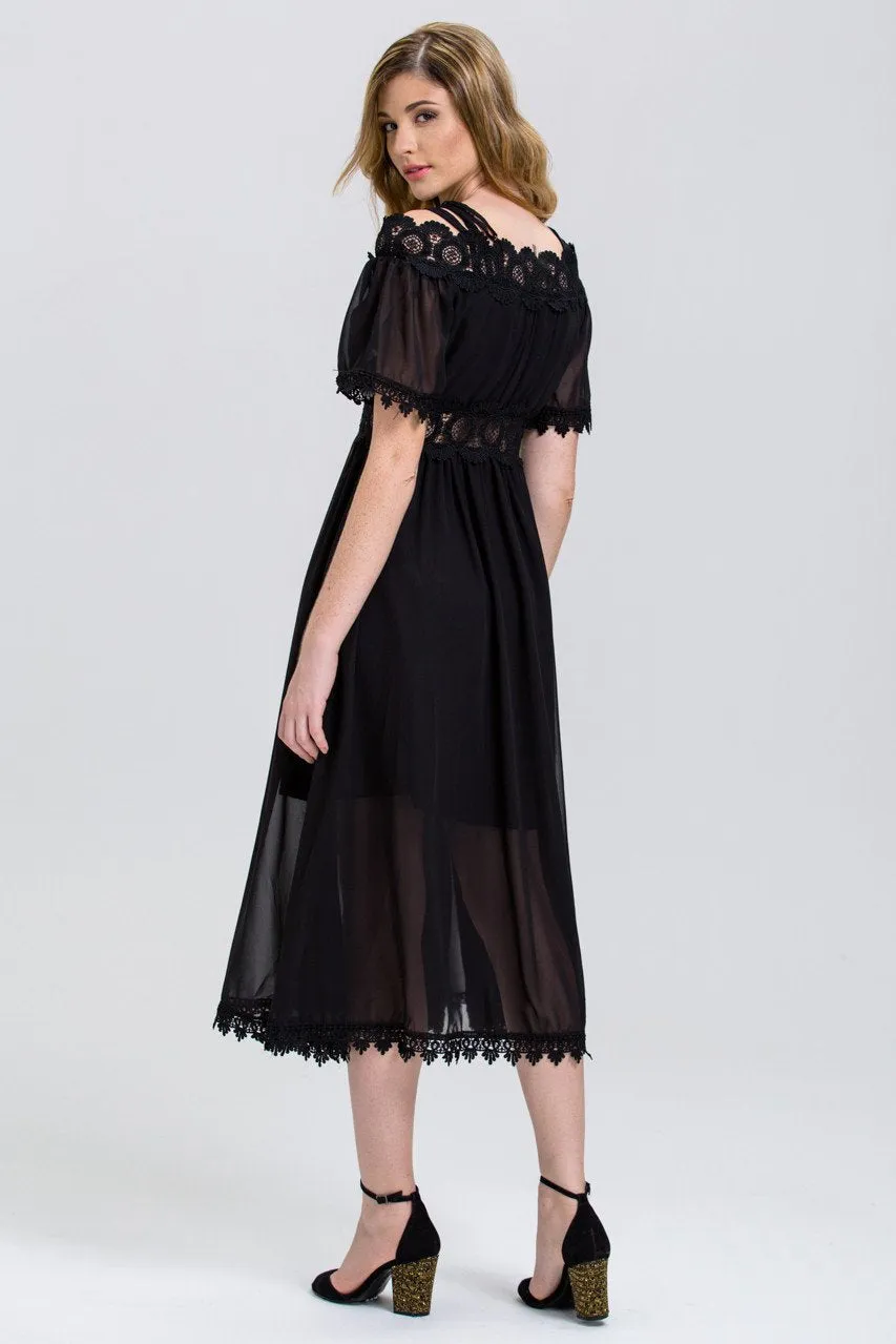 Black Chiffon Lace Trim Midi Dress