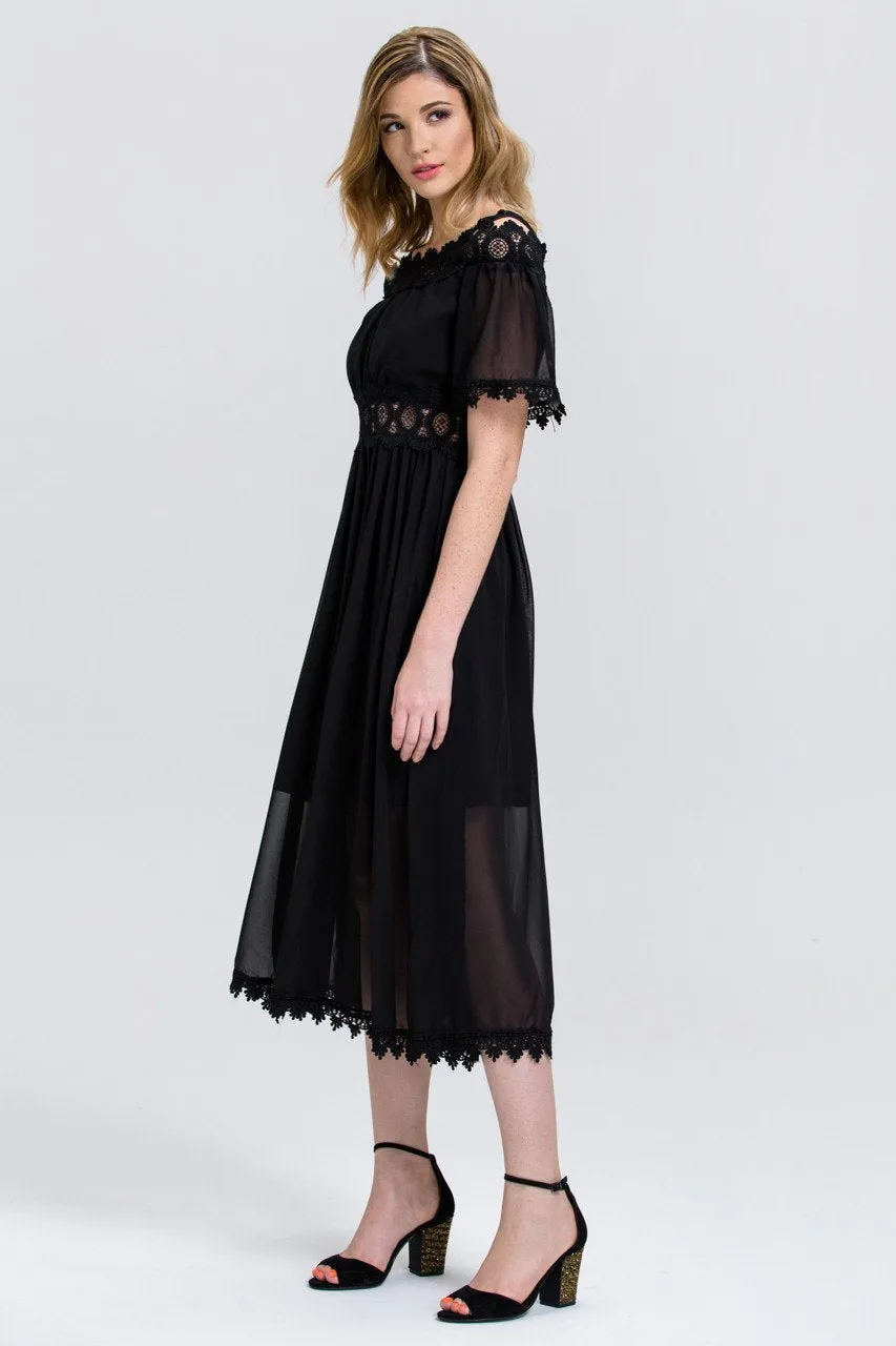 Black Chiffon Lace Trim Midi Dress