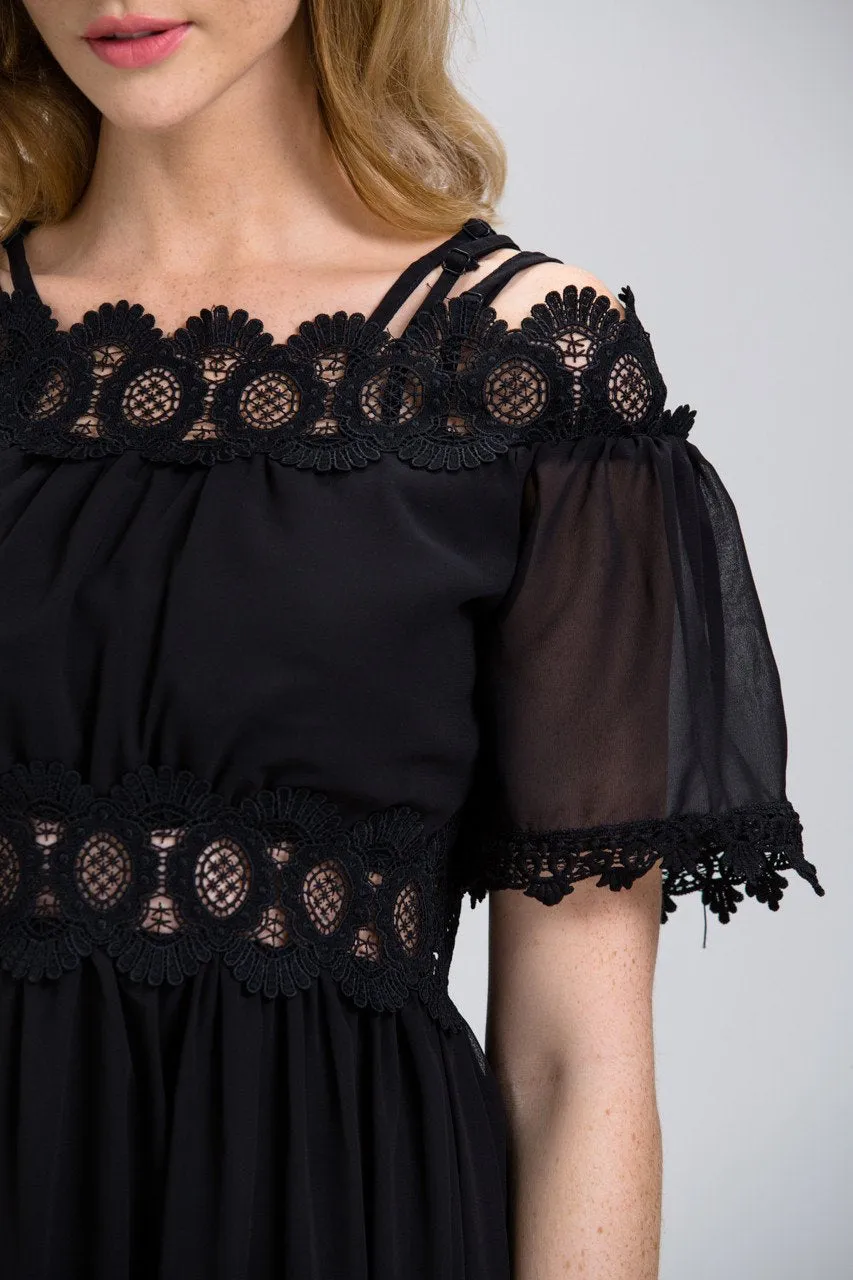 Black Chiffon Lace Trim Midi Dress