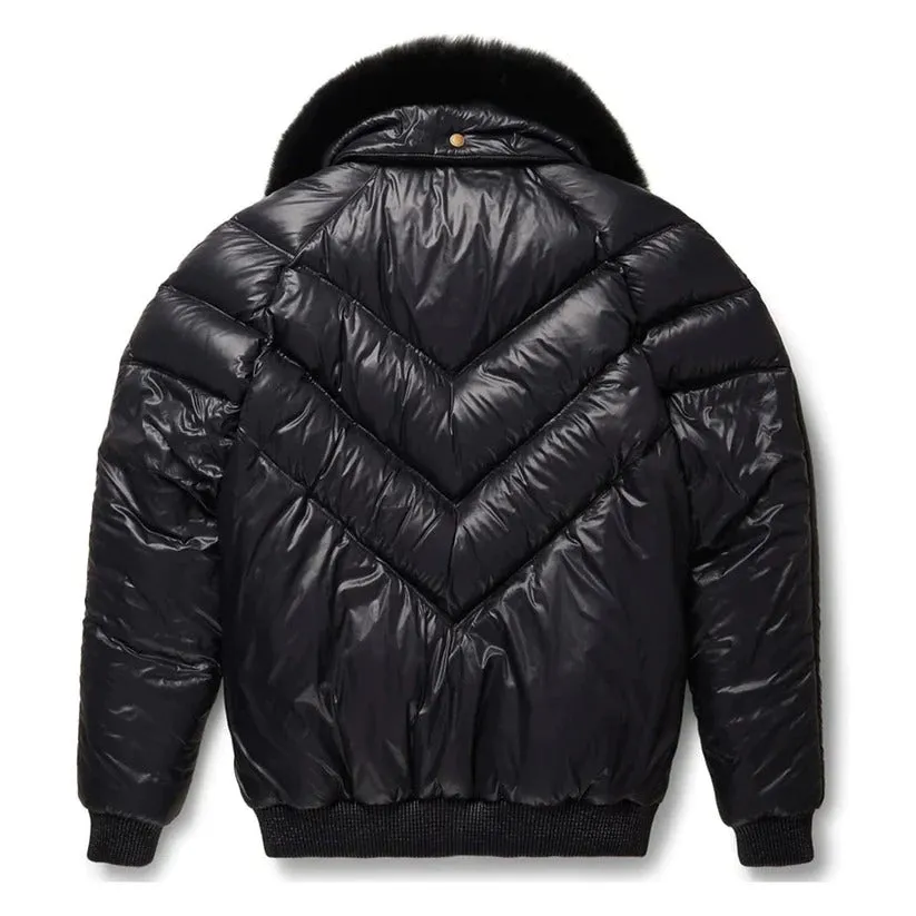 Black Leather V-Bomber Sheepskin Jacket for Men