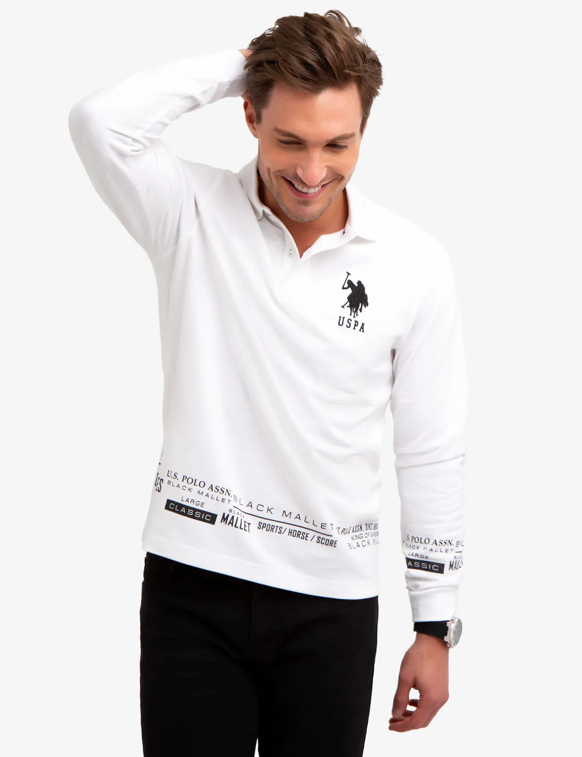 BLACK MALLET LOGO PRINT LONG SLEEVE POLO SHIRT