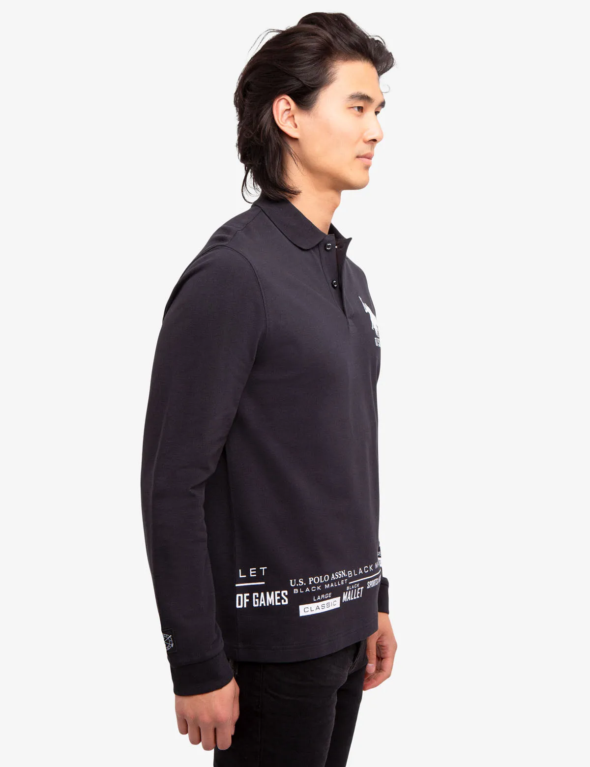 BLACK MALLET LOGO PRINT LONG SLEEVE POLO SHIRT