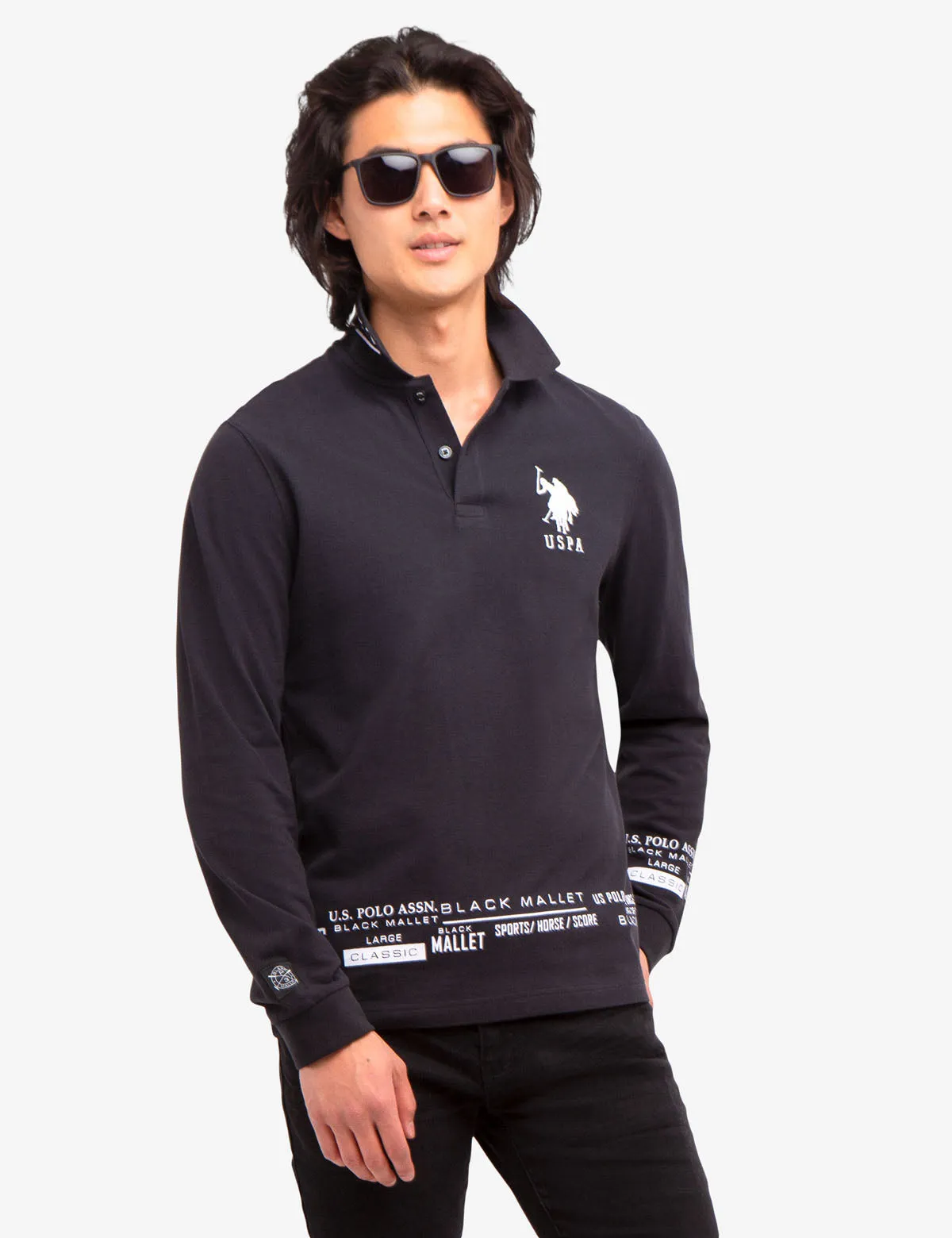 BLACK MALLET LOGO PRINT LONG SLEEVE POLO SHIRT