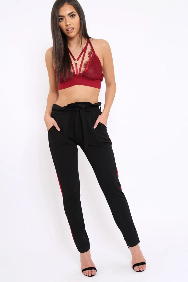 Black With Wine Stripe Paper Bag Tie Waist Cigarette Trousers - Karmen