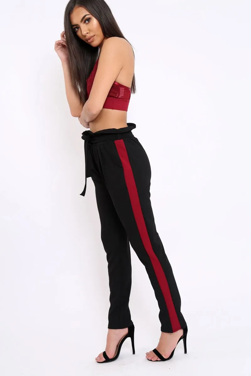 Black With Wine Stripe Paper Bag Tie Waist Cigarette Trousers - Karmen