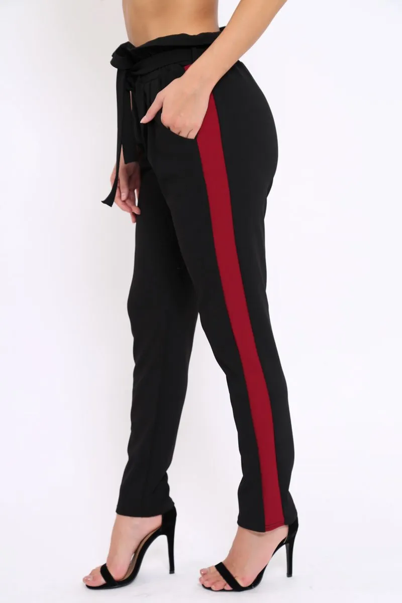 Black With Wine Stripe Paper Bag Tie Waist Cigarette Trousers - Karmen