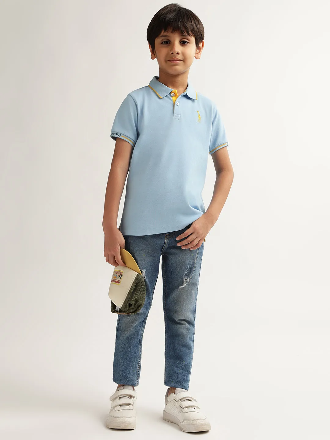 Blue Giraffe Boys Blue Solid Polo Collar Short Sleeves T-shirt