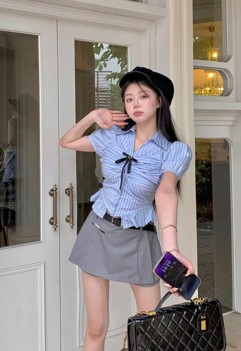 Blue Short Sleeve Striped Shirt Grey Skirt PL53436