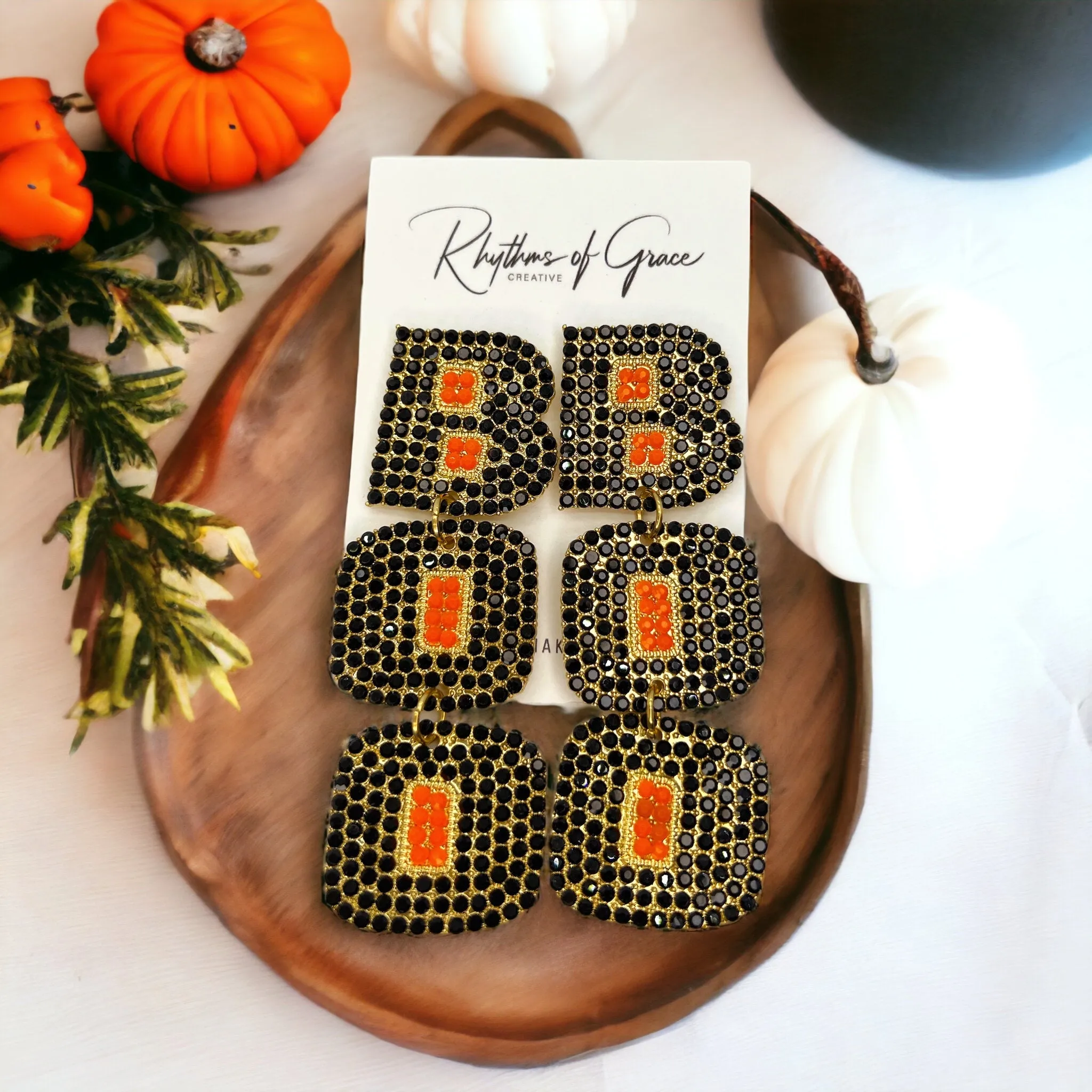 Boo Earrings - Halloween Earrings, Beaded Earrings, Halloween Accessories, Halloween Earrings, Rhinestone Halloween, Trick or Treat