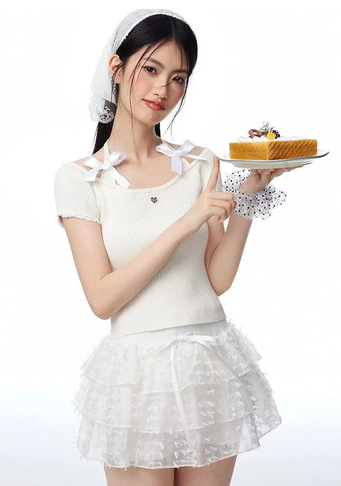 Bow Tie white Gauze Cake Layered Short Skirt NTO0106