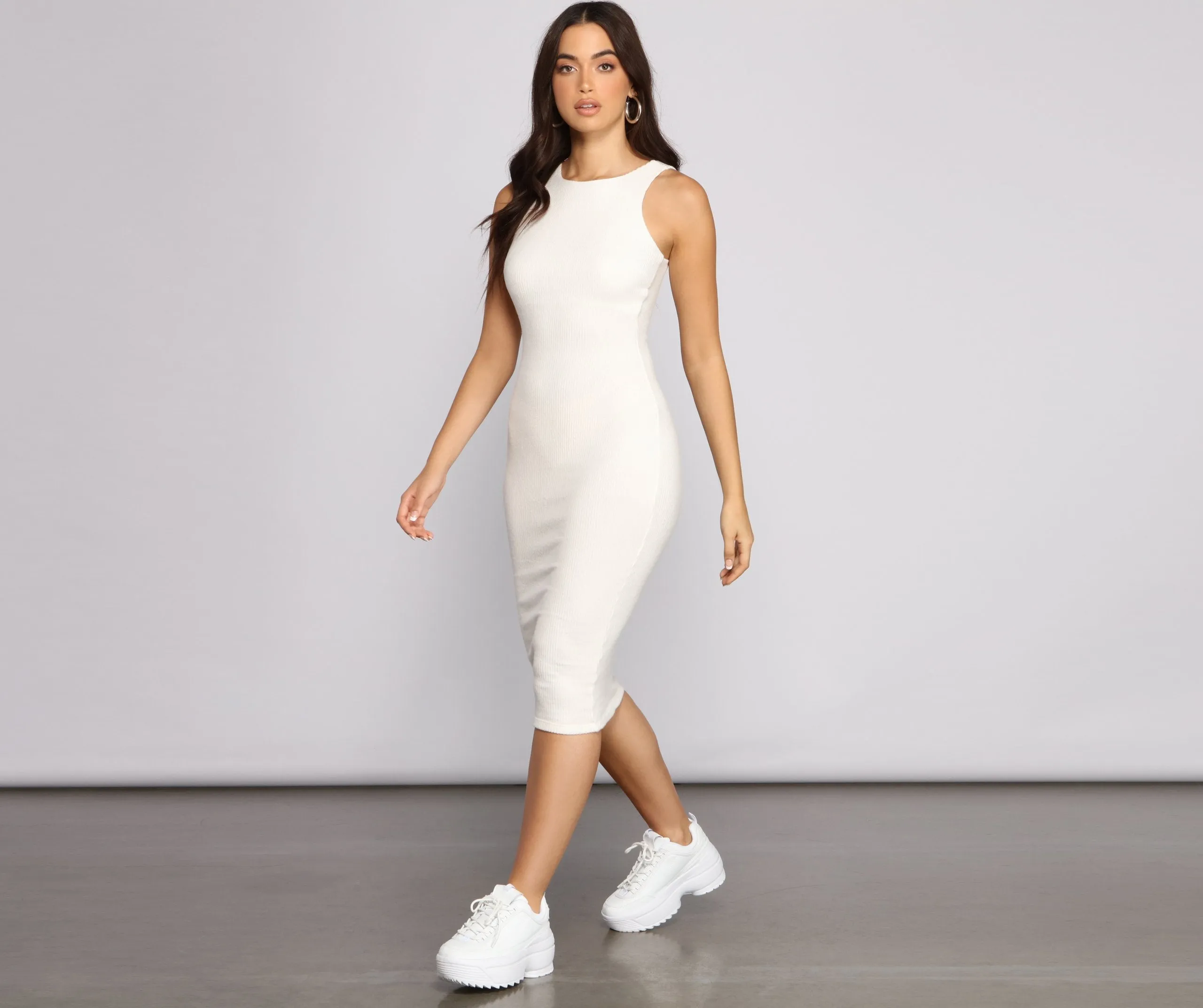 Brushed Knit Sleeveless Charming Crew Neck Midi Dress