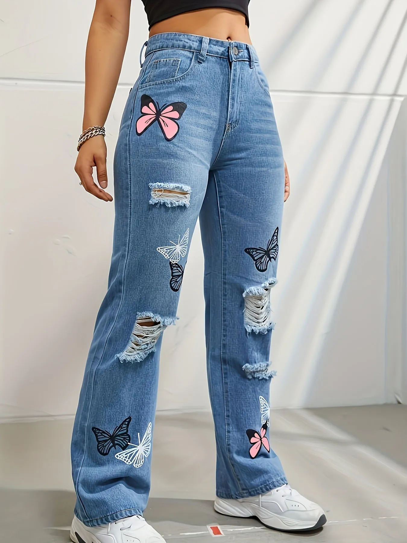 Butterfly Printed Ripped Distressed Jeans