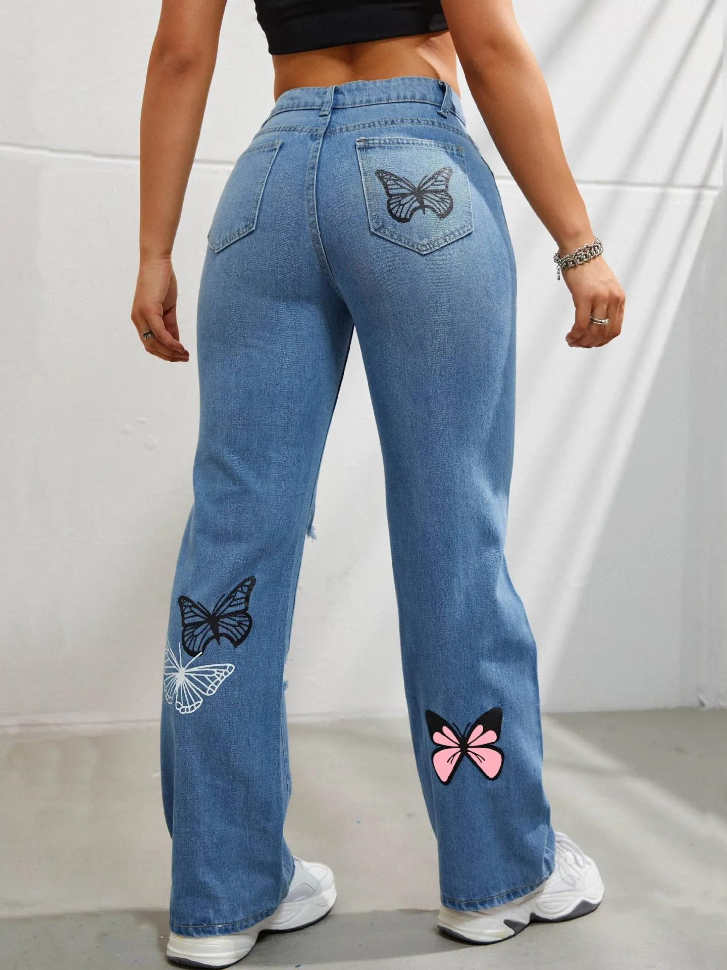 Butterfly Printed Ripped Distressed Jeans